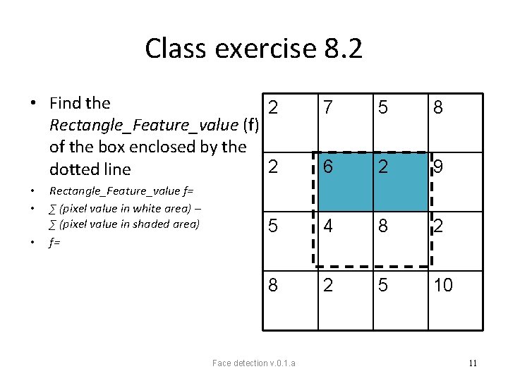 Class exercise 8. 2 • Find the 2 Rectangle_Feature_value (f) of the box enclosed