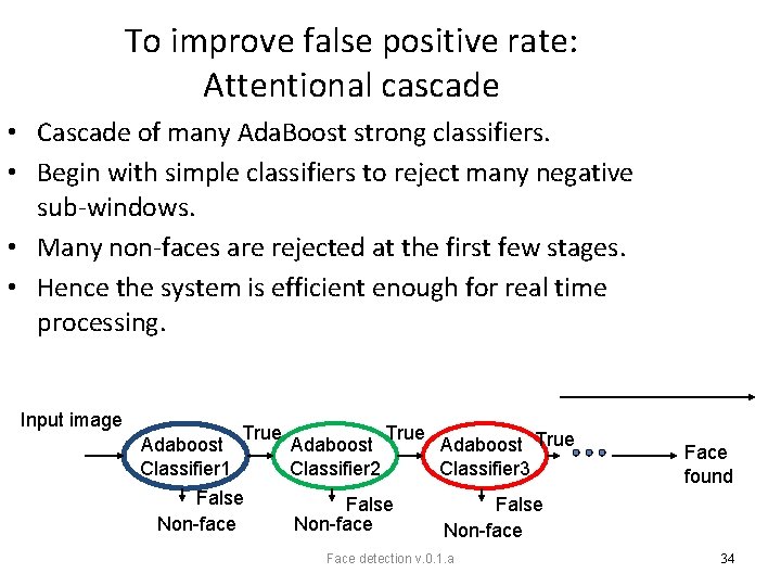 To improve false positive rate: Attentional cascade • Cascade of many Ada. Boost strong