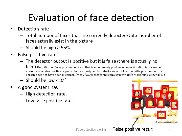 Evaluation of face detection • Detection rate – Total number of faces that are