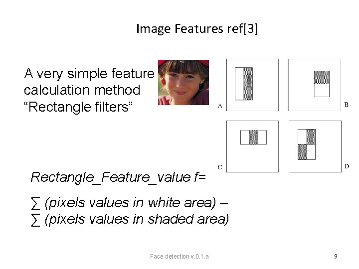 Image Features ref[3] A very simple feature calculation method “Rectangle filters” Rectangle_Feature_value f= ∑