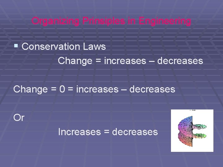 Organizing Prinsiples in Engineering § Conservation Laws Change = increases – decreases Change =