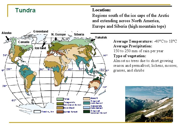 Tundra Greenland Alaska Canada Ice land Location: Regions south of the ice caps of