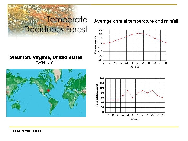 Average annual temperature and rainfall Staunton, Virginia, United States 38 o. N; 79 o.