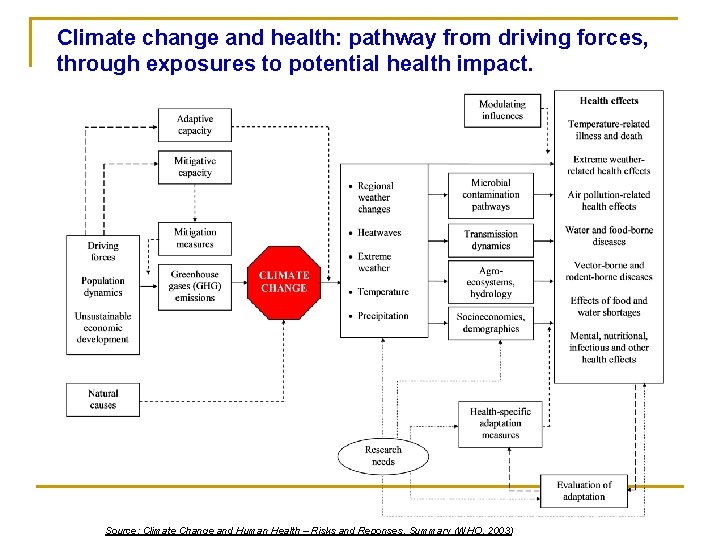 Climate change and health: pathway from driving forces, through exposures to potential health impact.