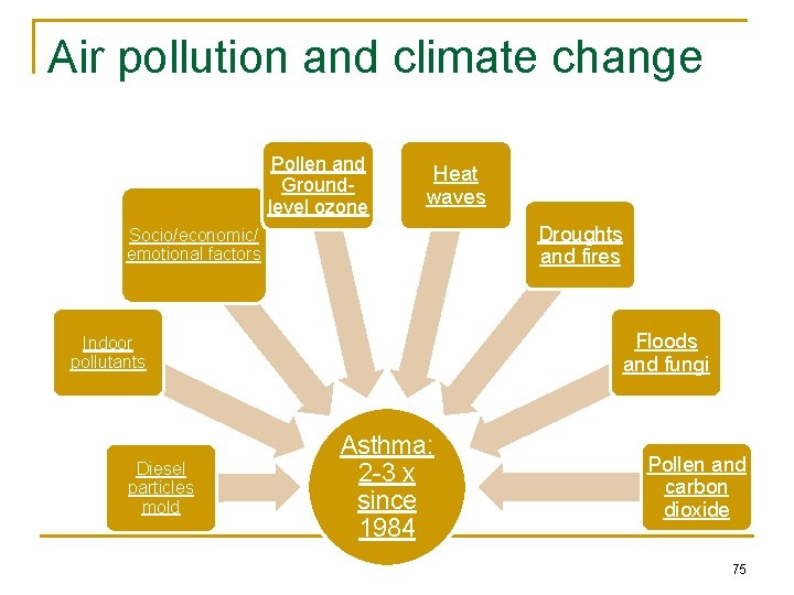 Air pollution and climate change Pollen and Groundlevel ozone Heat waves Droughts and fires