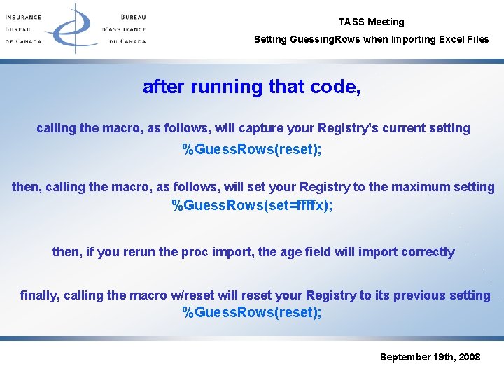 TASS Meeting Setting Guessing. Rows when Importing Excel Files after running that code, calling
