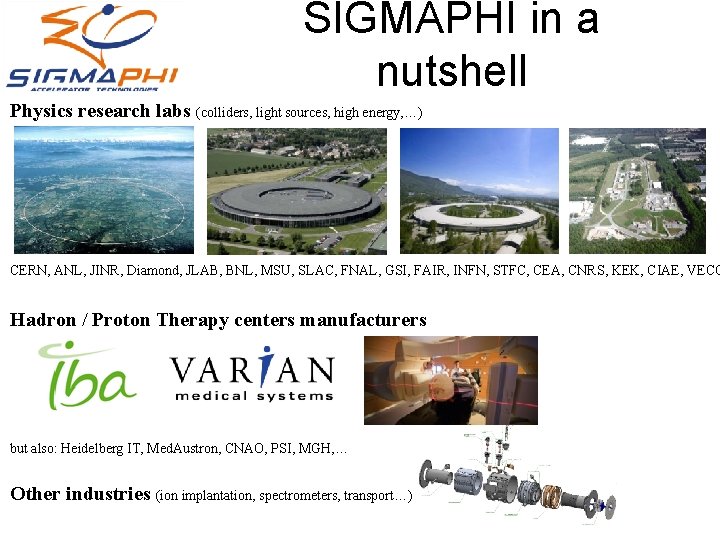 SIGMAPHI in a nutshell Physics research labs (colliders, light sources, high energy, …) CERN,