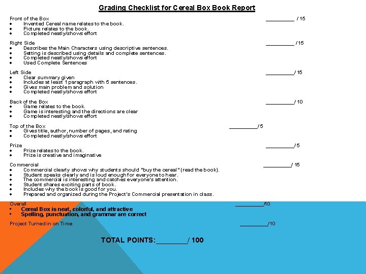 Grading Checklist for Cereal Box Book Report Front of the Box Invented Cereal name