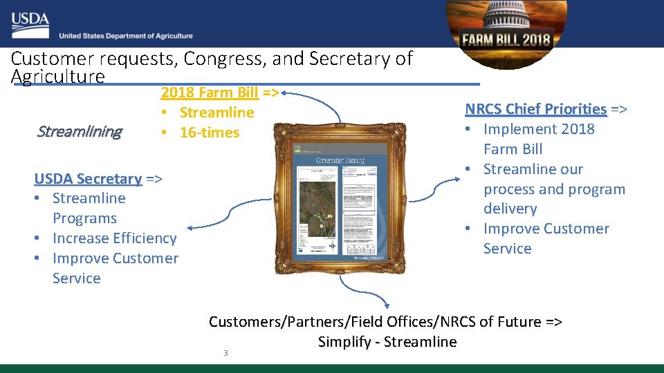 Customer requests, Congress, and Secretary of Agriculture Streamlining 2018 Farm Bill => • Streamline