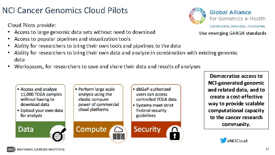 NCI Cancer Genomics Cloud Pilots provide: • Access to large genomic data sets without