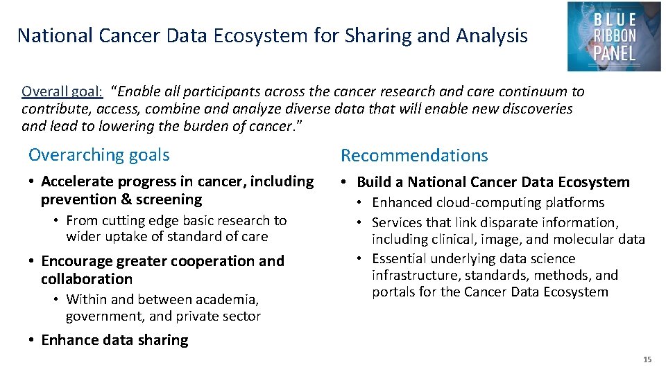 National Cancer Data Ecosystem for Sharing and Analysis Overall goal: “Enable all participants across