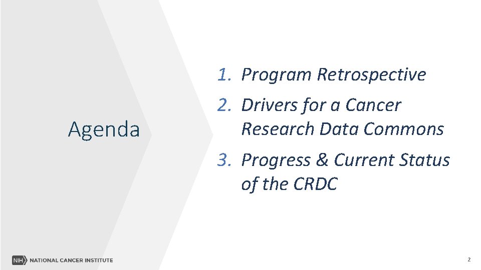 1. Program Retrospective Agenda 2. Drivers for a Cancer Research Data Commons 3. Progress