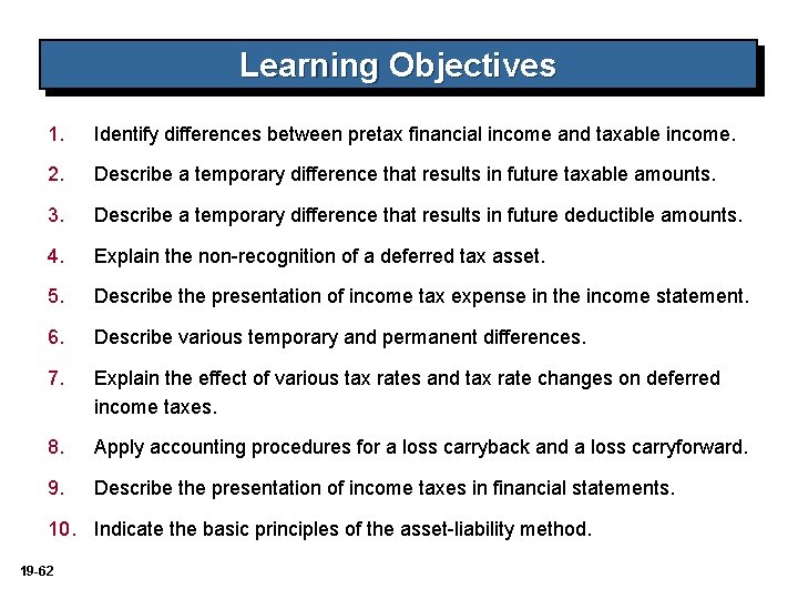 Learning Objectives 1. Identify differences between pretax financial income and taxable income. 2. Describe