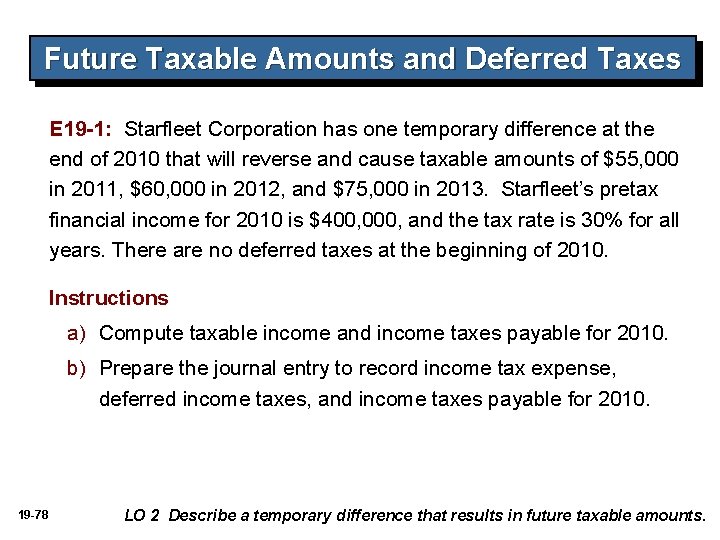 Future Taxable Amounts and Deferred Taxes E 19 -1: Starfleet Corporation has one temporary