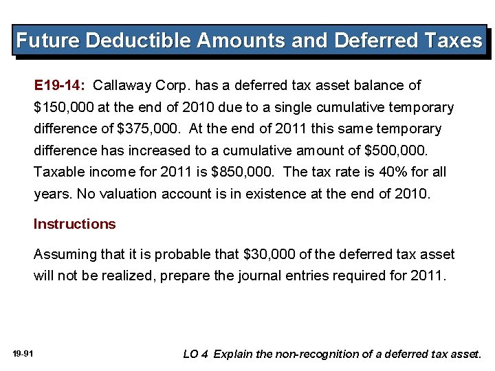 Future Deductible Amounts and Deferred Taxes E 19 -14: Callaway Corp. has a deferred