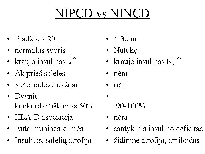 NIPCD vs NINCD • • • Pradžia < 20 m. normalus svoris kraujo insulinas