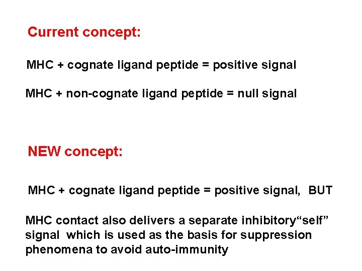 Current concept: MHC + cognate ligand peptide = positive signal MHC + non-cognate ligand