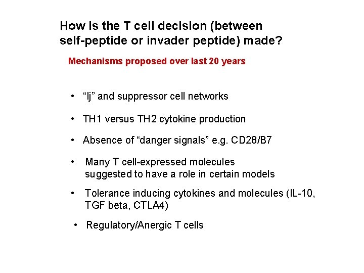 How is the T cell decision (between self-peptide or invader peptide) made? Mechanisms proposed