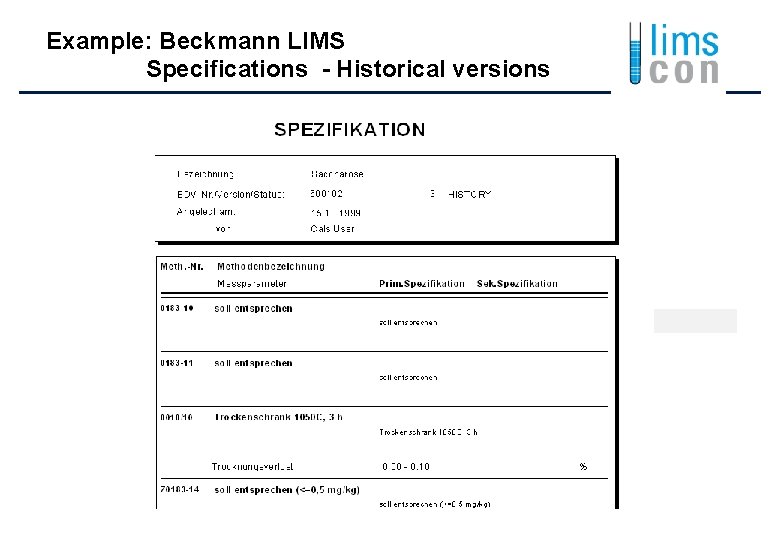 Example: Beckmann LIMS Specifications - Historical versions 