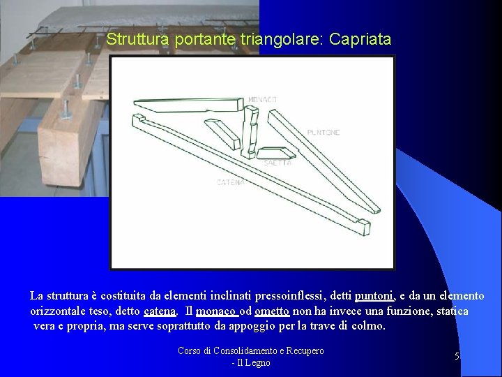 Struttura portante triangolare: Capriata La struttura è costituita da elementi inclinati pressoinflessi, detti puntoni,