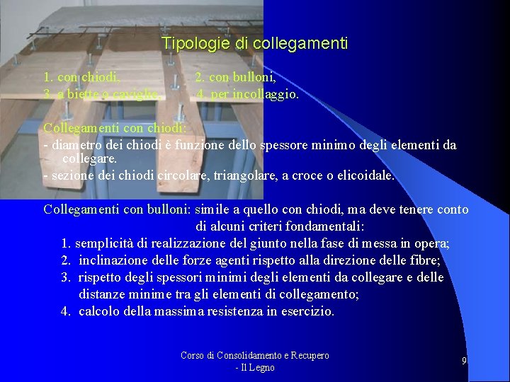 Tipologie di collegamenti 1. con chiodi, 2. con bulloni, 3. a biette o caviglie,