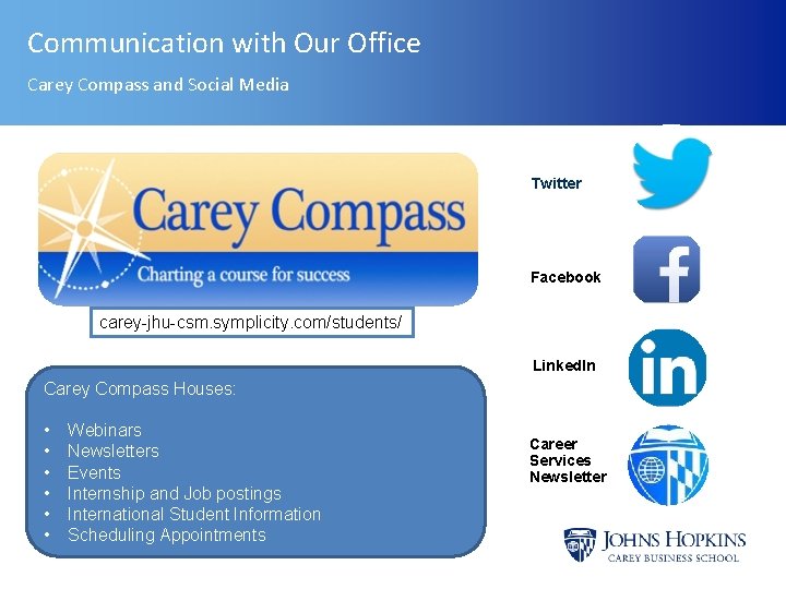 Communication with Our Office Carey Compass and Social Media Twitter Facebook carey-jhu-csm. symplicity. com/students/