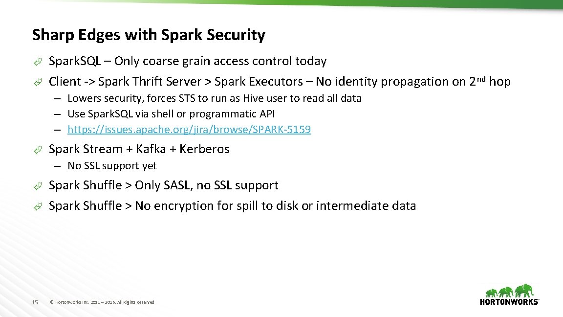 Sharp Edges with Spark Security Ã Spark. SQL – Only coarse grain access control
