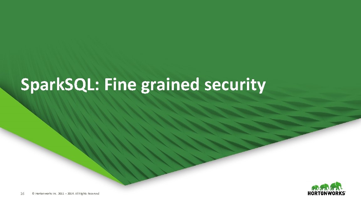 Spark. SQL: Fine grained security 16 © Hortonworks Inc. 2011 – 2016. All Rights