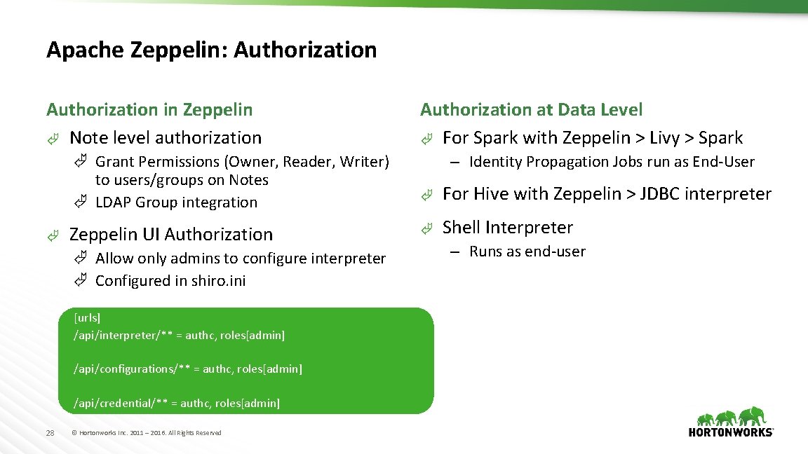 Apache Zeppelin: Authorization in Zeppelin Ã Note level authorization Ã Grant Permissions (Owner, Reader,