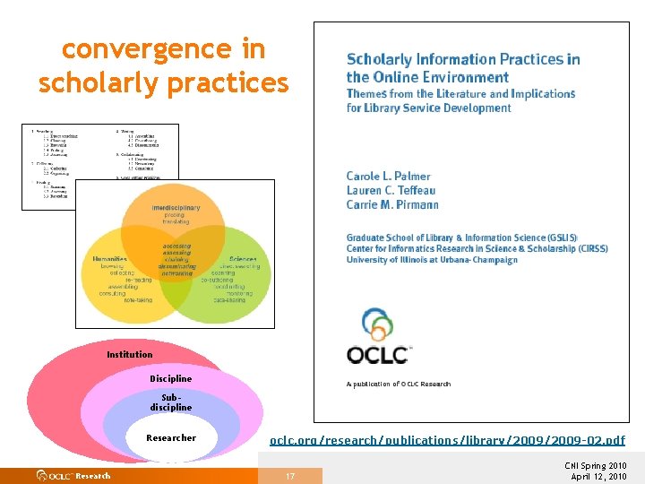 convergence in scholarly practices Institution Discipline Subdiscipline Researcher Research oclc. org/research/publications/library/2009 -02. pdf 17