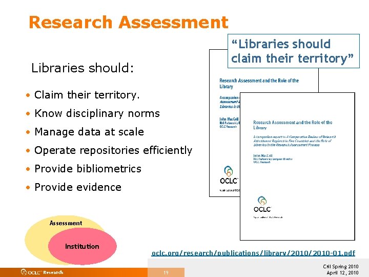 Research Assessment “Libraries should claim their territory” Libraries should: • Claim their territory. •