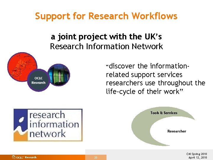 Support for Research Workflows a joint project with the UK’s Research Information Network “discover
