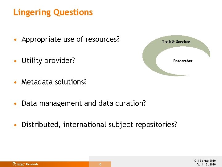 Lingering Questions • Appropriate use of resources? • Utility provider? Tools & Services Researcher