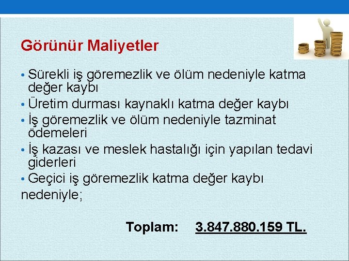 Görünür Maliyetler • Sürekli iş göremezlik ve ölüm nedeniyle katma değer kaybı • Üretim