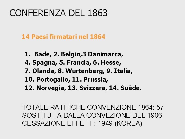 CONFERENZA DEL 1863 14 Paesi firmatari nel 1864 1. Bade, 2. Belgio, 3 Danimarca,