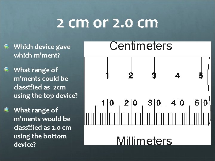 2 cm or 2. 0 cm Which device gave which m’ment? What range of