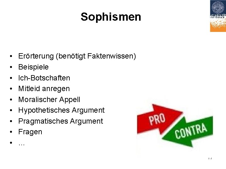 Sophismen • • • Erörterung (benötigt Faktenwissen) Beispiele lch-Botschaften Mitleid anregen Moralischer Appell Hypothetisches