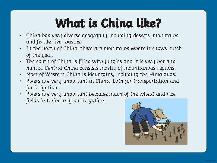 What is China like? • China has very diverse geography including deserts, mountains and What is China like? • China has very diverse geography including deserts, mountains and
