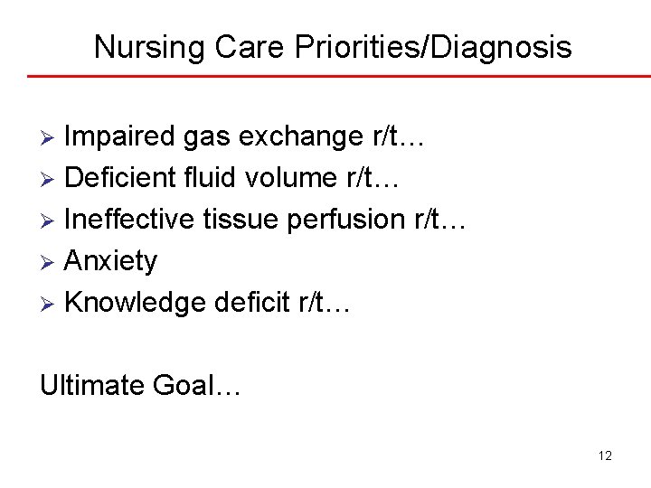 Nursing Care Priorities/Diagnosis Impaired gas exchange r/t… Ø Deficient fluid volume r/t… Ø Ineffective