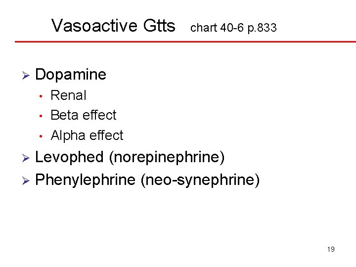 Vasoactive Gtts Ø chart 40 -6 p. 833 Dopamine • • • Renal Beta