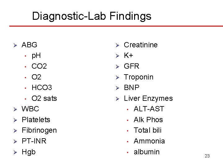 Diagnostic-Lab Findings Ø Ø Ø ABG • p. H • CO 2 • HCO