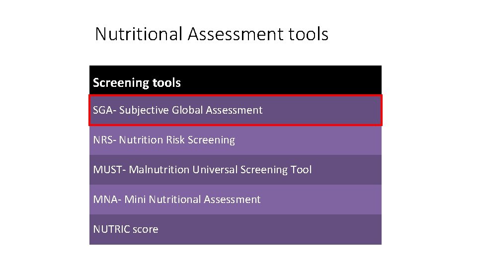 Nutritional Assessment tools Screening tools SGA- Subjective Global Assessment NRS- Nutrition Risk Screening MUST-