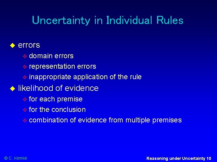 Uncertainty in Individual Rules errors domain errors representation errors inappropriate application of the rule