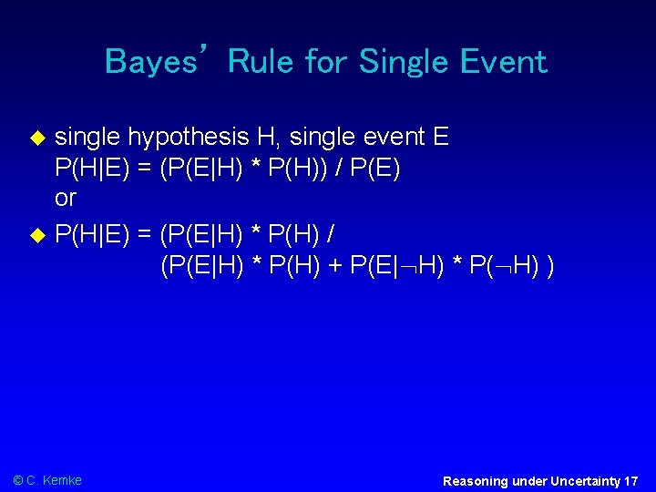 Bayes’ Rule for Single Event single hypothesis H, single event E P(H|E) = (P(E|H)