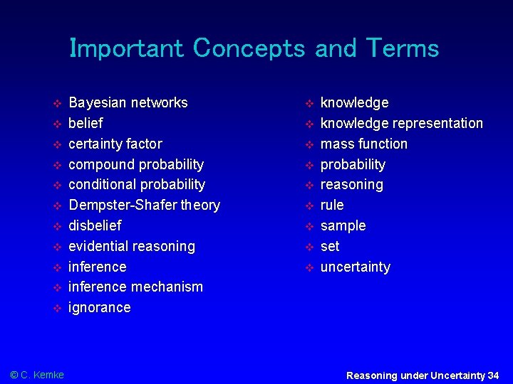 Important Concepts and Terms © C. Kemke Bayesian networks belief certainty factor compound probability