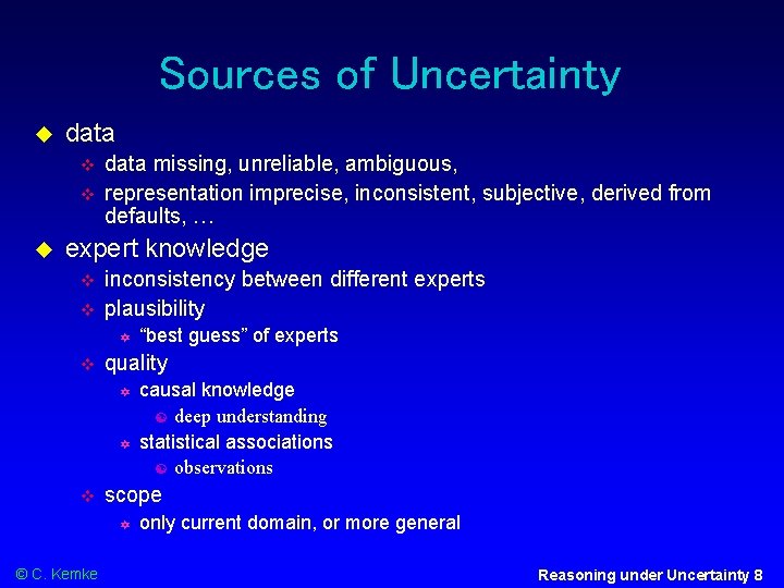Sources of Uncertainty data missing, unreliable, ambiguous, representation imprecise, inconsistent, subjective, derived from defaults,