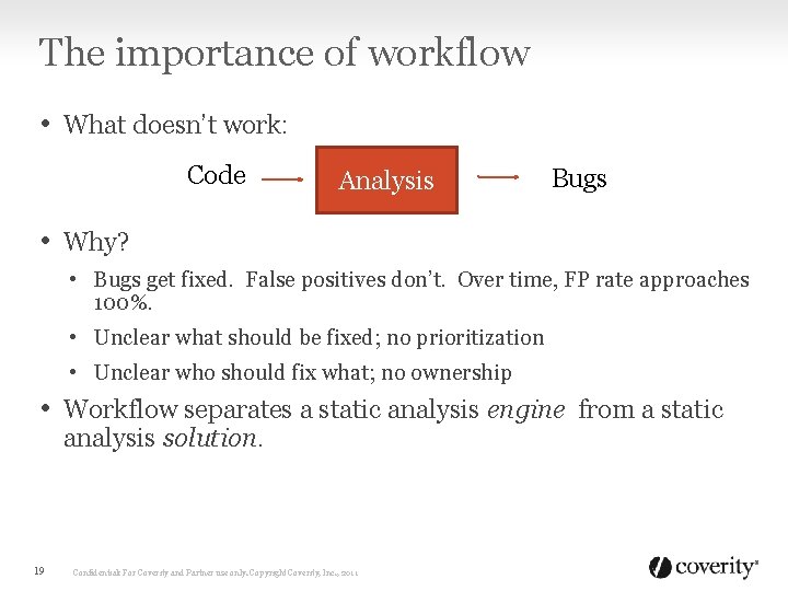 The importance of workflow • What doesn’t work: Code Analysis Bugs • Why? •