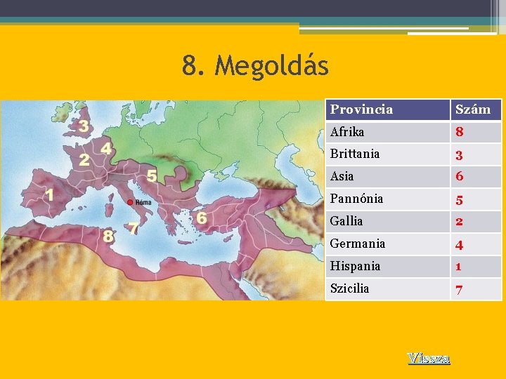 8. Megoldás Provincia Szám Afrika 8 Brittania 3 Asia 6 Pannónia 5 Gallia 2