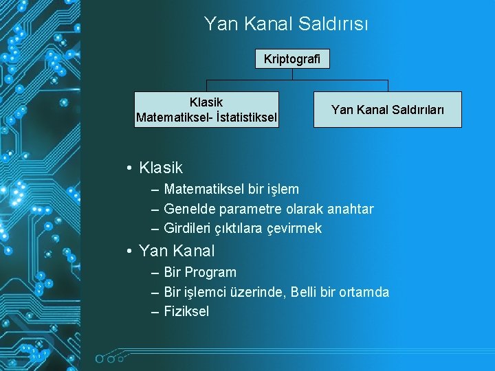 Yan Kanal Saldırısı Kriptografi Klasik Matematiksel- İstatistiksel Yan Kanal Saldırıları • Klasik – Matematiksel Yan Kanal Saldırısı Kriptografi Klasik Matematiksel- İstatistiksel Yan Kanal Saldırıları • Klasik – Matematiksel