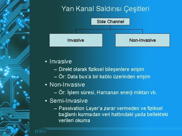 Yan Kanal Saldırısı Çeşitleri Side Channel Invasive Non-Invasive • Invasive – Direkt olarak fiziksel Yan Kanal Saldırısı Çeşitleri Side Channel Invasive Non-Invasive • Invasive – Direkt olarak fiziksel